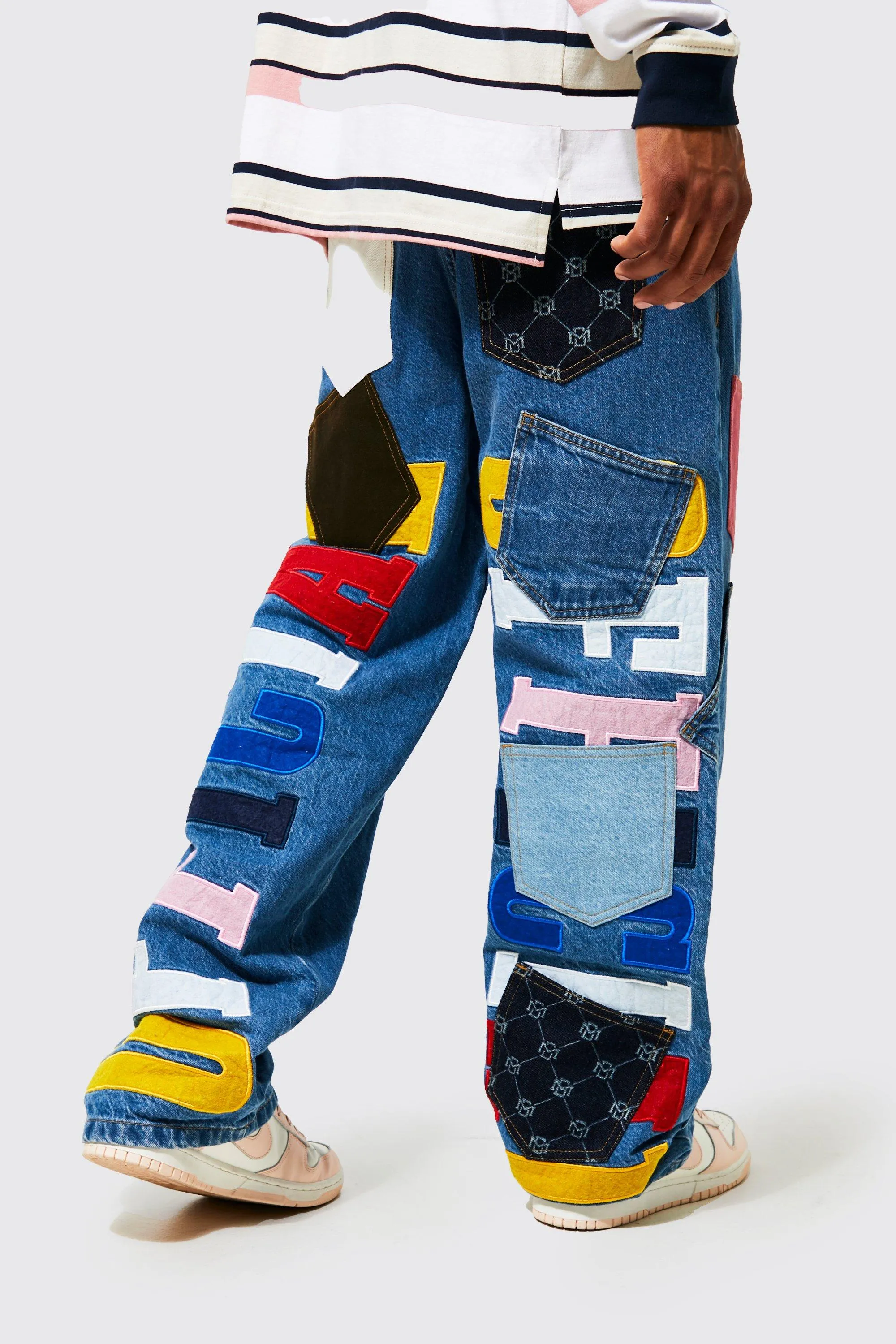 Baggy Fit Official Patchwork Pocket Jeans | boohooMAN UK